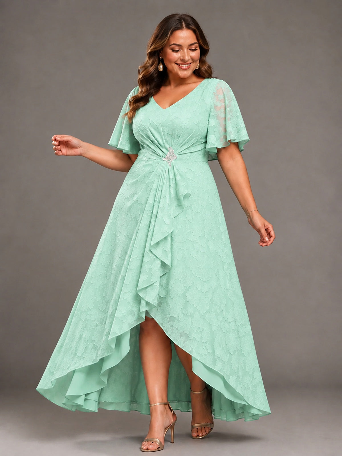 Jacquard Chiffon A-Line V-Neck High-Low Mother of the Bride Dress