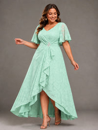 Jacquard Chiffon A-Line V-Neck High-Low Mother of the Bride Dress