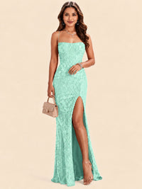 Sequin Lace Appliques Mermaid Prom Dress Spaghetti Strap Formal Gowns with Slit
