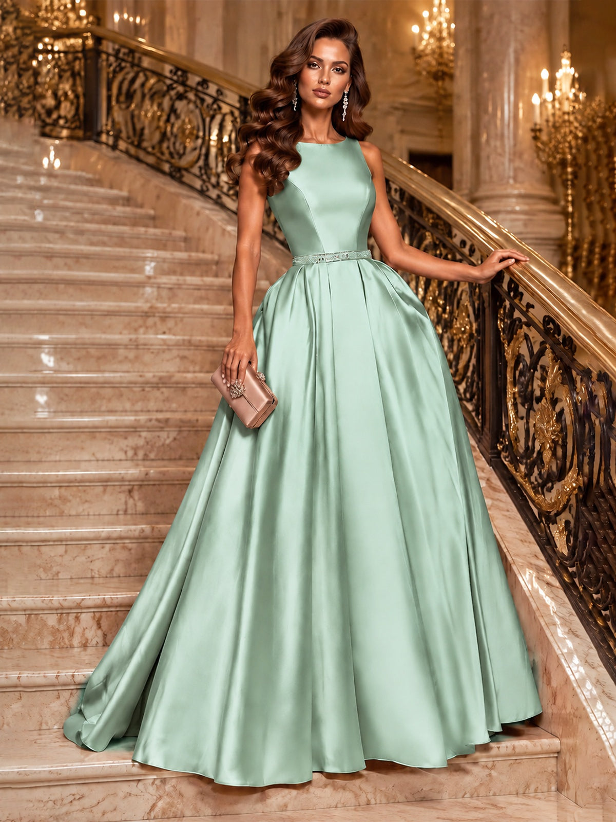 Satin A-Line Prom Dress Sleeveless Beaded Waist Formal Gown with Pockets