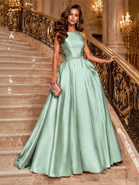 Satin A-Line Prom Dress Sleeveless Beaded Waist Formal Gown with Pockets