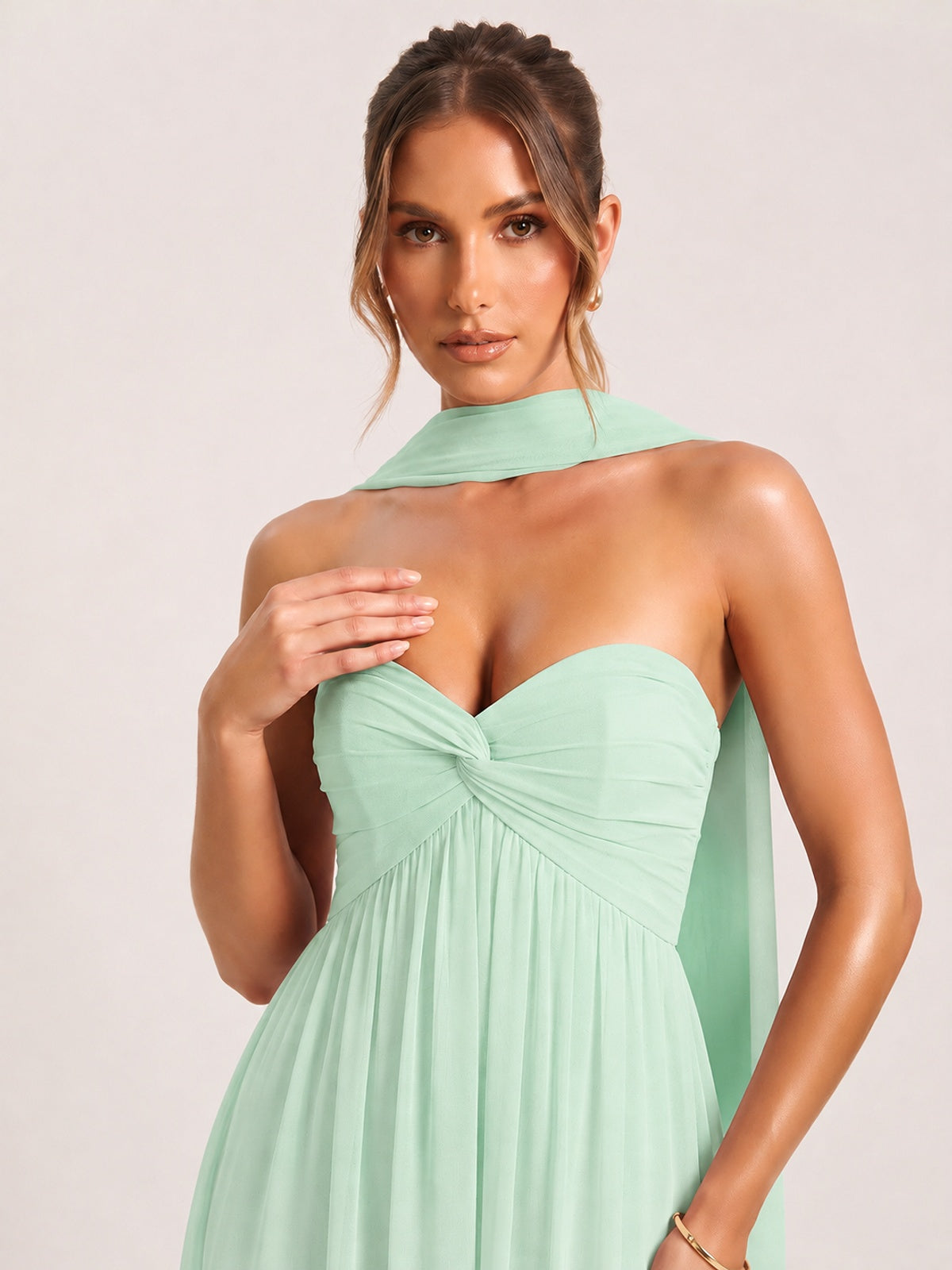 Strapless Ruched Chiffon Long Prom Dress with Scarf