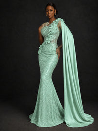 Gold Sequin One Shoulder Mermaid Prom Dress with Cape