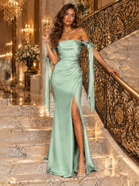 Off The Shuolder Satin Prom Dress Slit Mermaid Formal Gowns