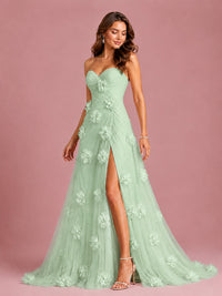 3D Floral Applique Strapless Tulle Prom Dress with High Slit