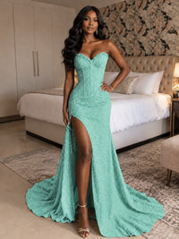 Beaded Sequin Prom Dress Strapless Formal Gowns with High Slit Train