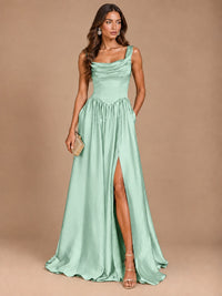 Cowl Neck Pleated Satin Prom Dress with Pockets & Slit Maxi Formal Gowns