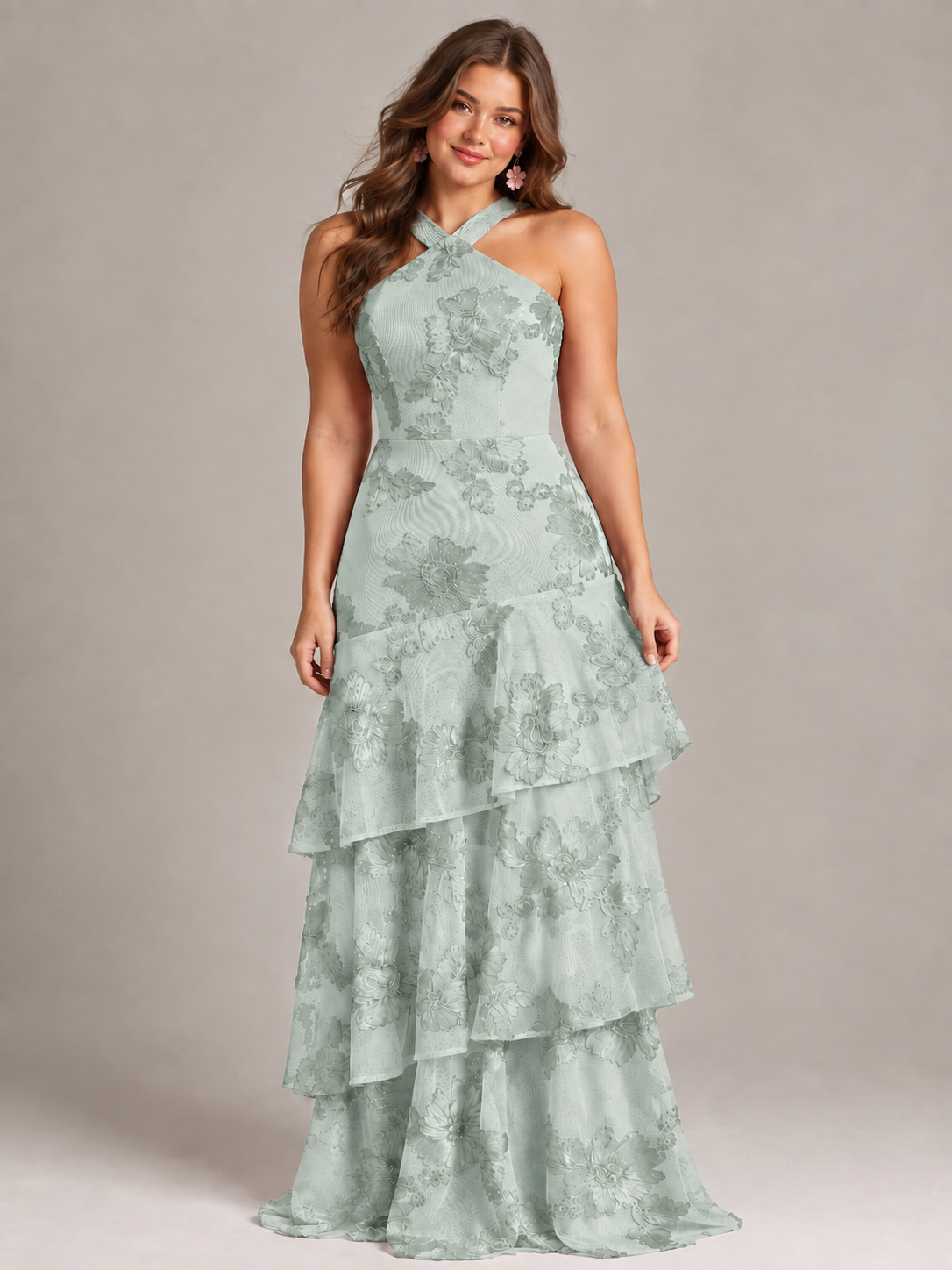 Hot Pink Halter Floral Applique Maxi Dress