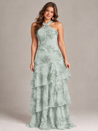 Hot Pink Halter Floral Applique Maxi Dress