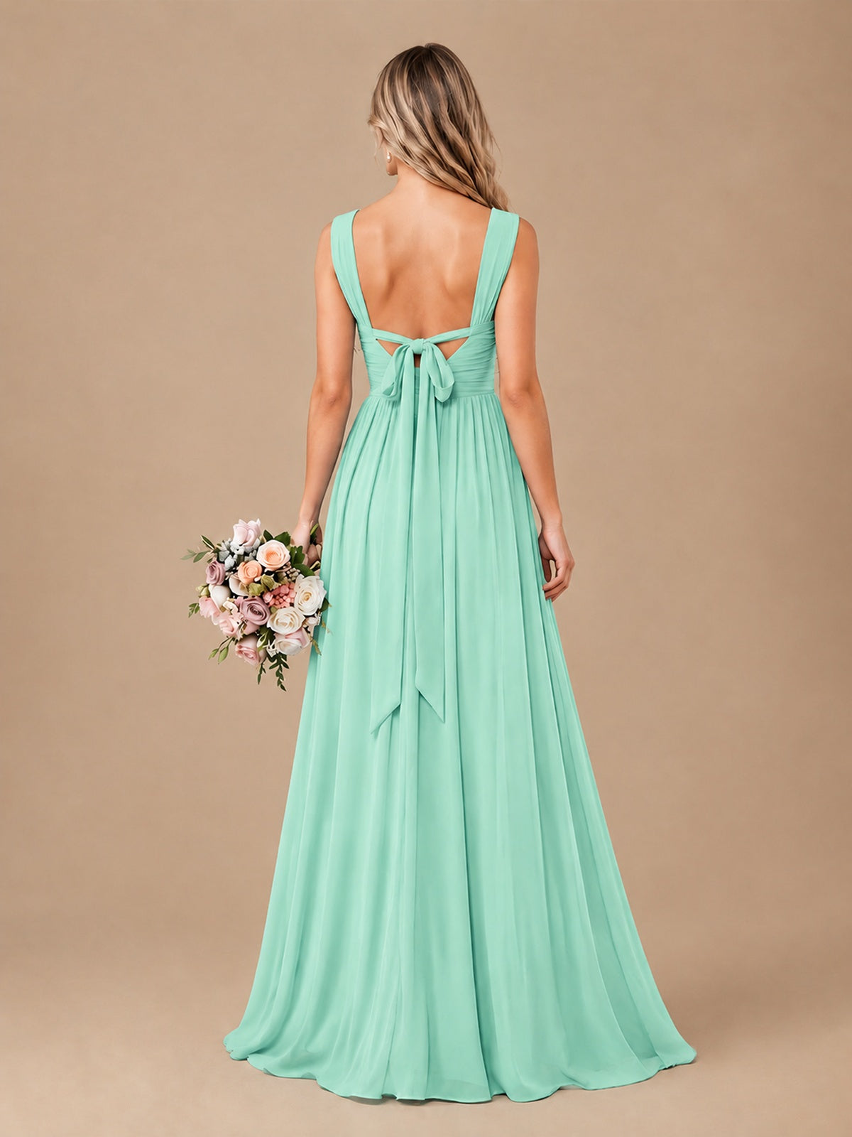 Pleated Chiffon V Neck Wedding Bridesmaid Dresses Floor Length with Slit