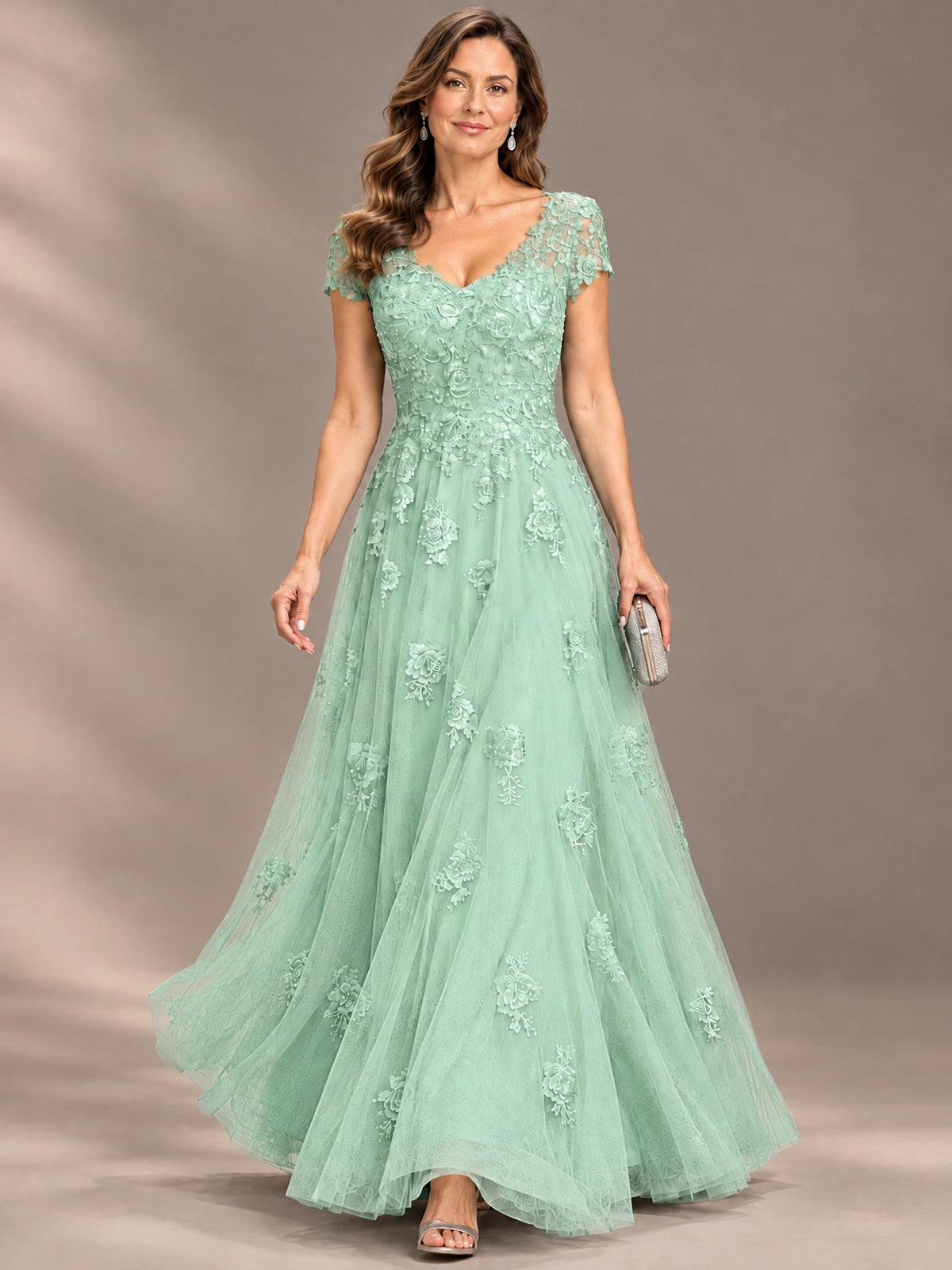 Lace Appliques A-line Mother of The Bride Dresses with Short Sleeves