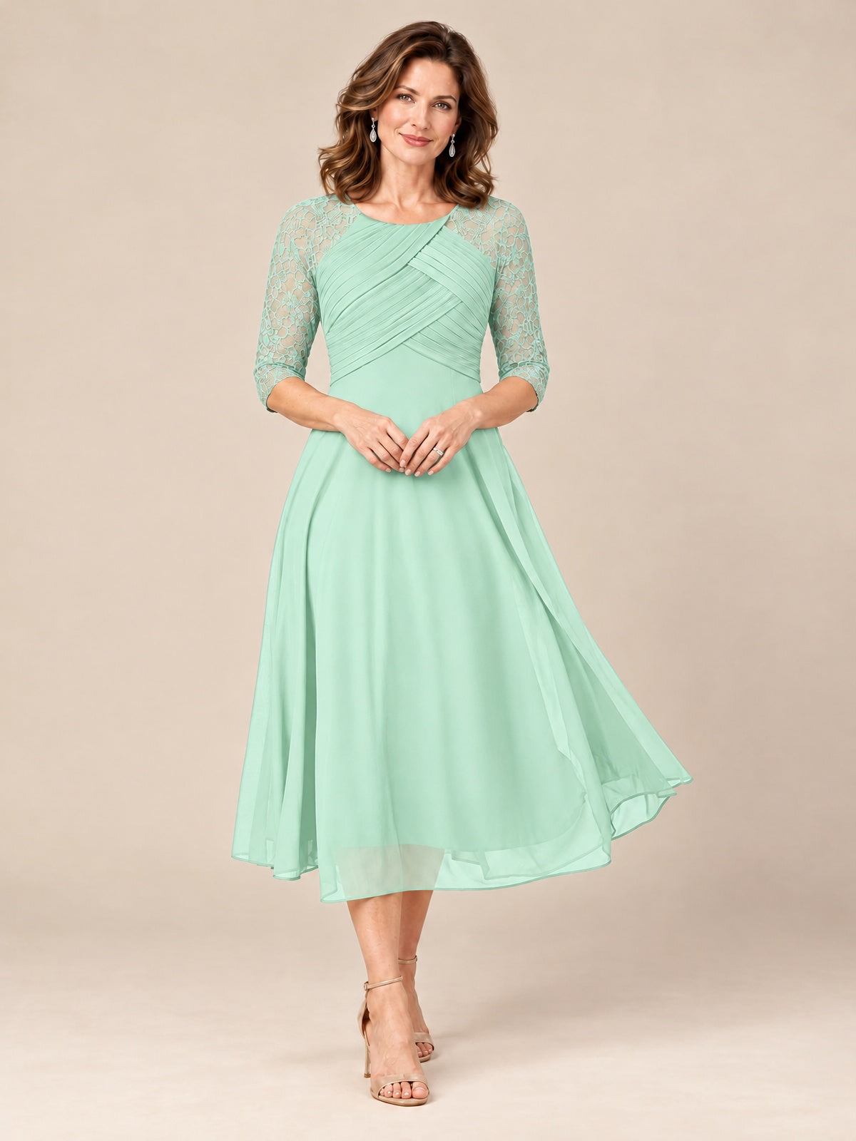 Mint Green-Lace Applique Pleated Tea Length Mother of The Bride Dresses
