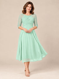 Mint Green-Lace Applique Pleated Tea Length Mother of The Bride Dresses