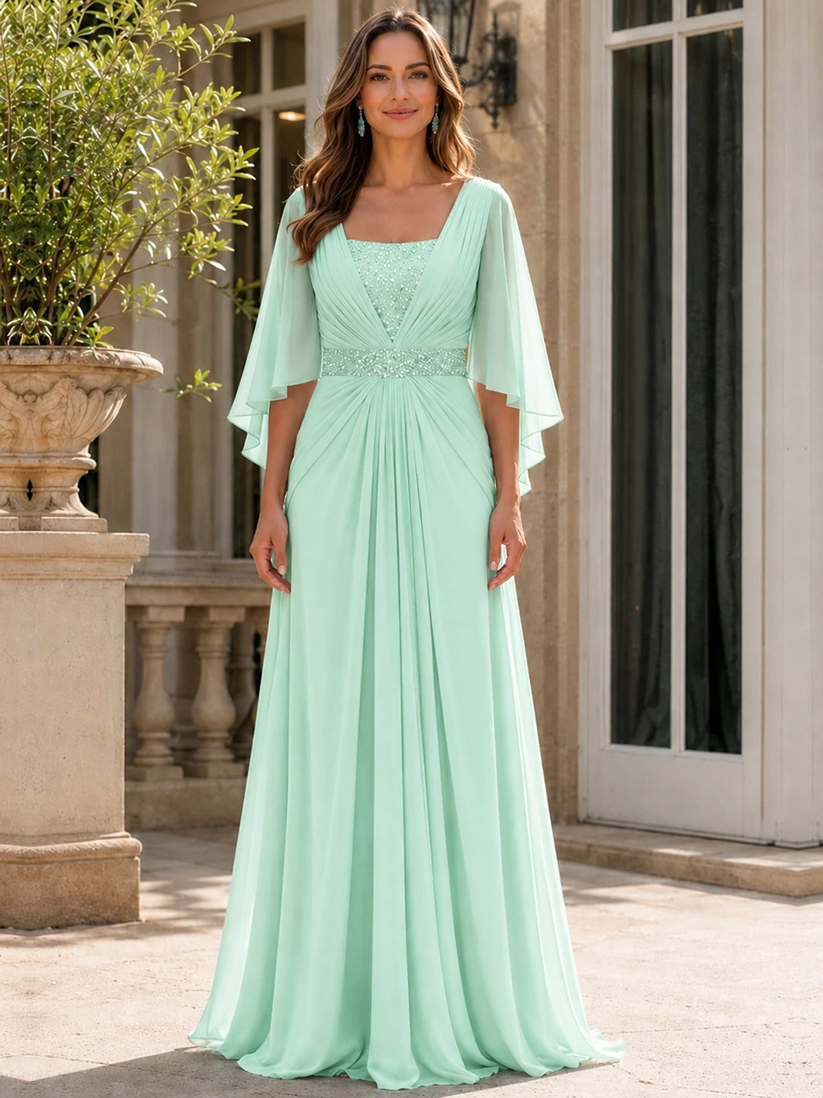 Elegant V-Neck Sequined Chiffon Mother of the Bride Dress with Flutter Sleeves