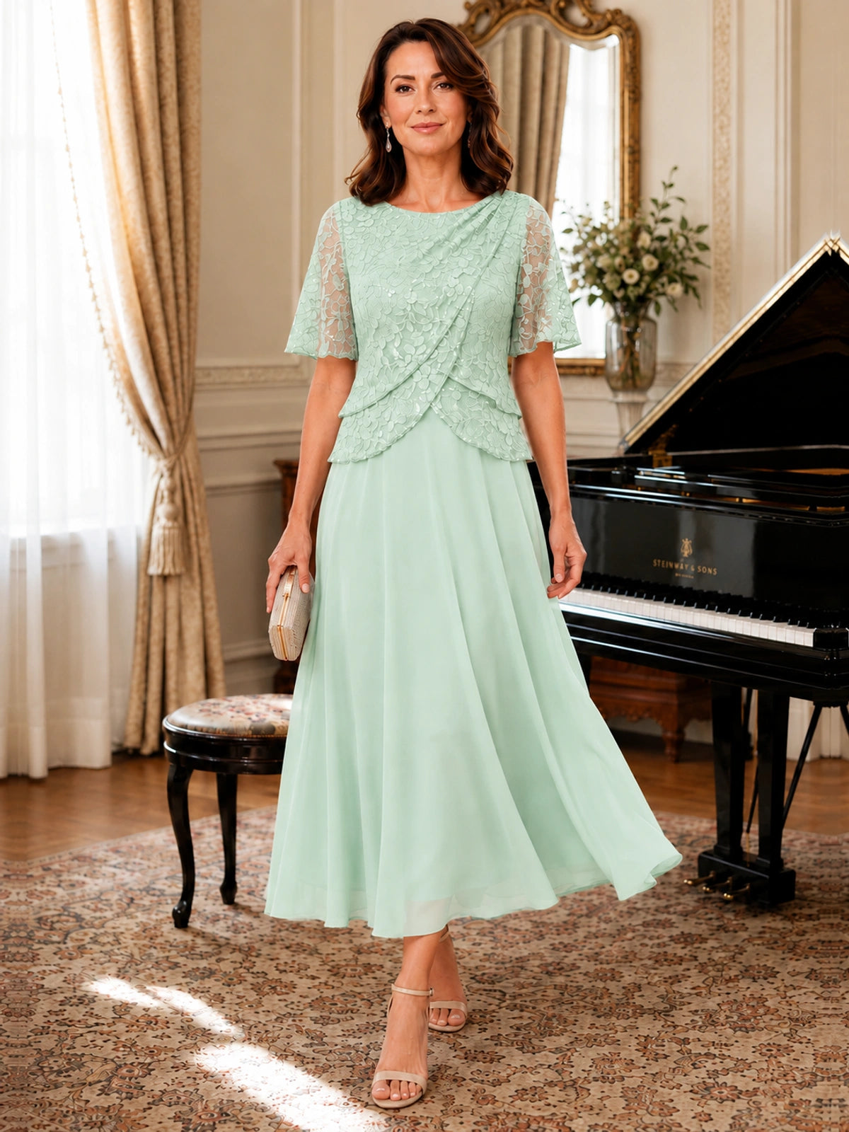 Tea-Length Chiffon Mother of the Bride Dress with Sequin Lace Sleeves