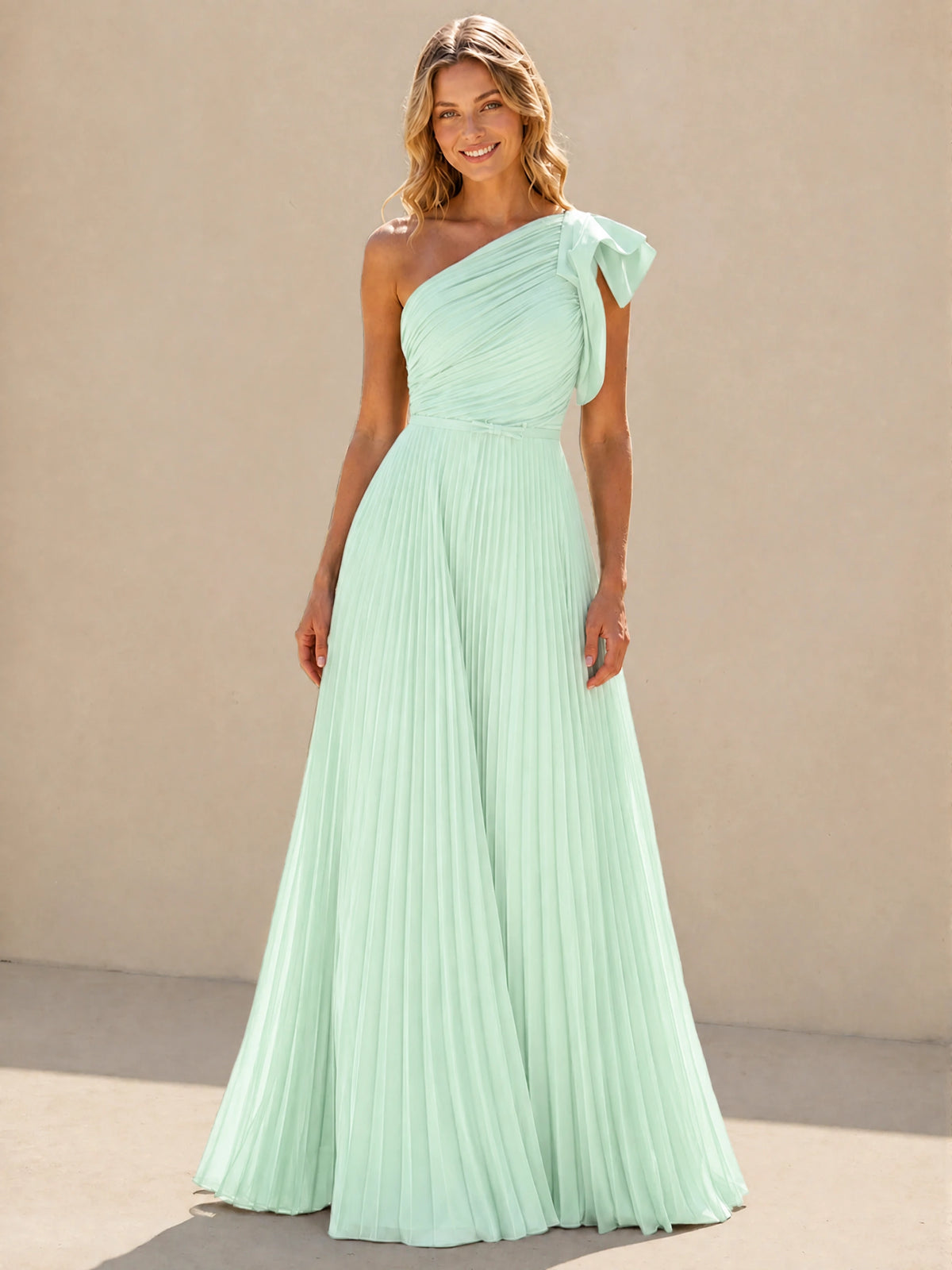 One Shoulder Pleated Chiffon A-Line Floor-Length Bridesmaid Dress