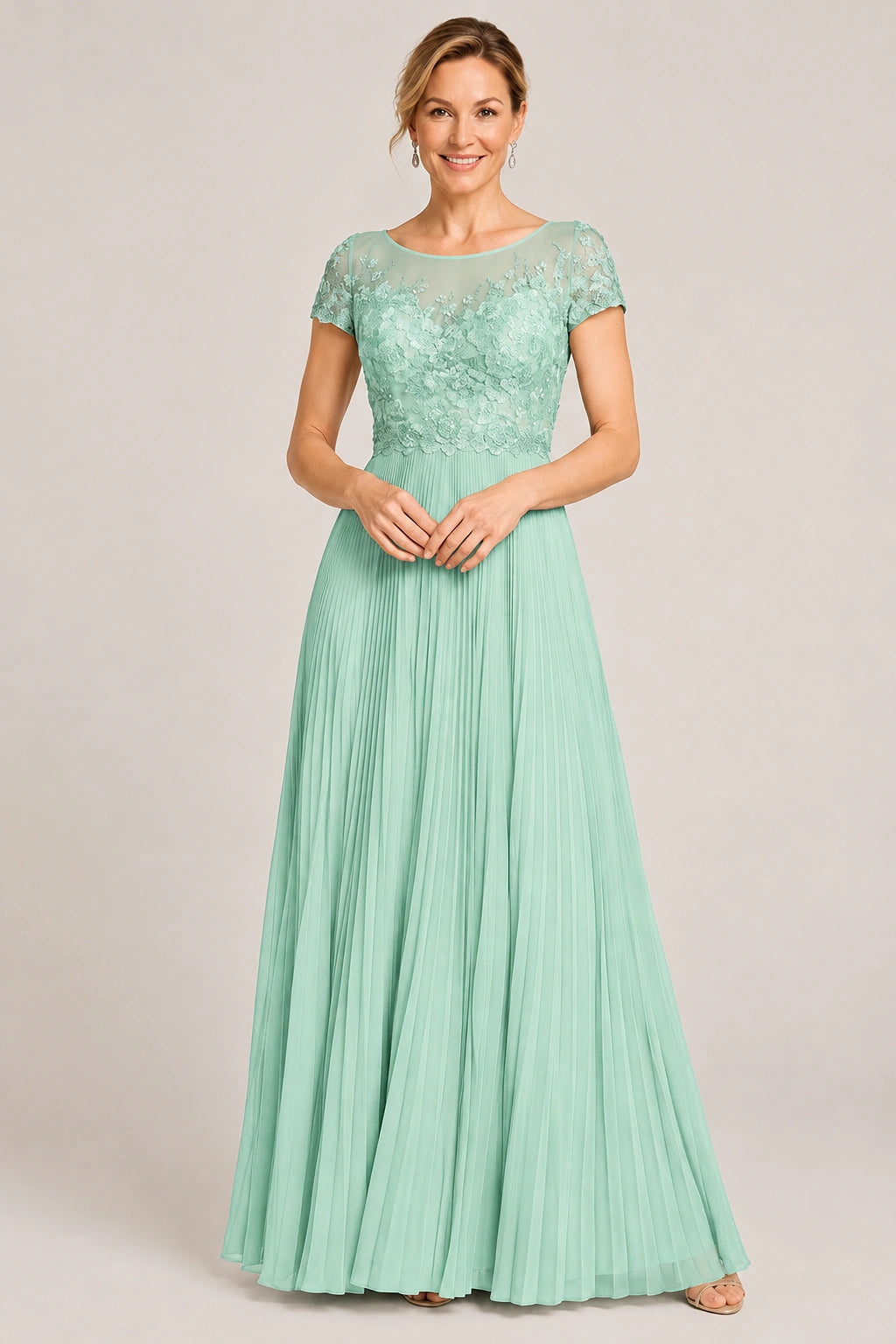 Embroidered Lace Pleated Mother of the Bride Dress