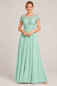 Embroidered Lace Pleated Mother of the Bride Dress