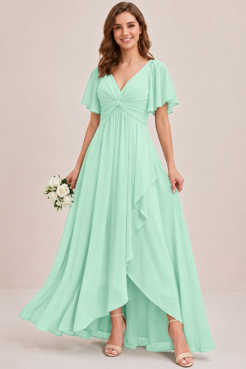 Dusty Blue Chiffon Bridesmaid Dress with Flutter Sleeves & High-Low Hem
