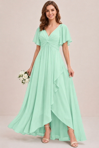 Dusty Blue Chiffon Bridesmaid Dress with Flutter Sleeves & High-Low Hem