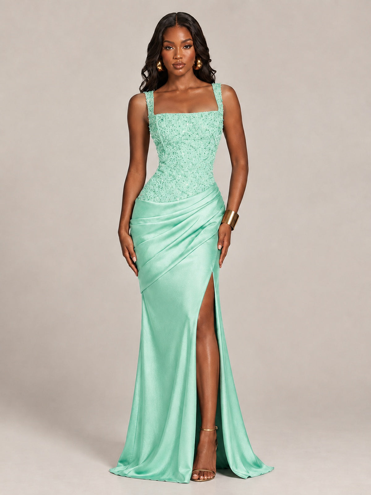 Scoop Neck Sequin Prom Dress with High Slit Satin Formal Gowns