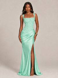 Scoop Neck Sequin Prom Dress with High Slit Satin Formal Gowns