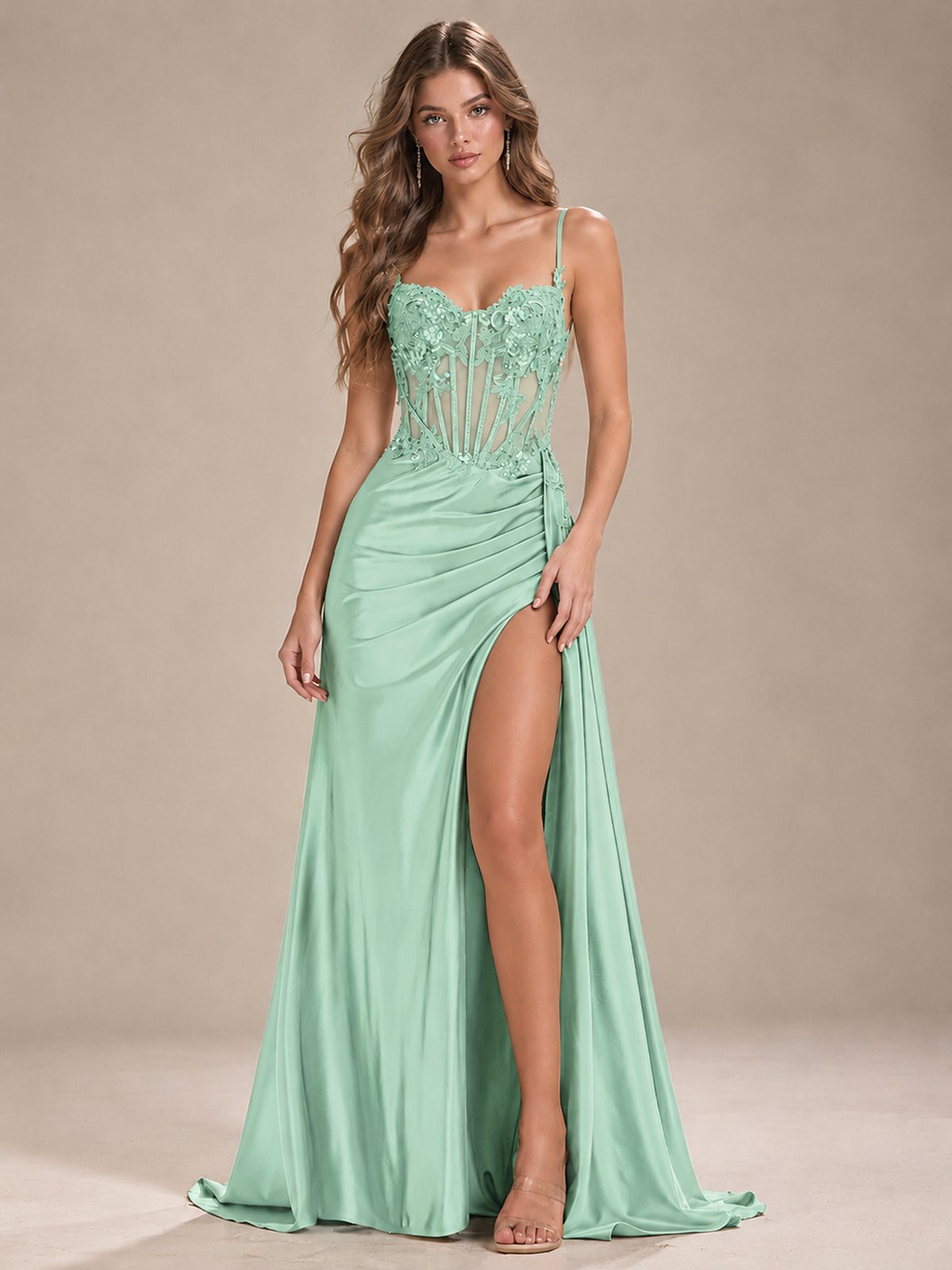 Mermaid Satin Prom Dress with Floral Appliqué Corset and High Slit