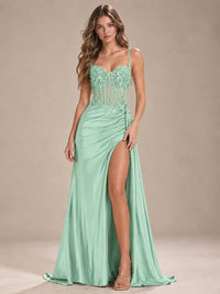 Mermaid Satin Prom Dress with Floral Appliqué Corset and High Slit