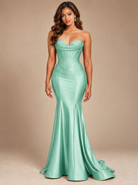 Red Strapless Satin Mermaid Prom Dress with Corset Bodice