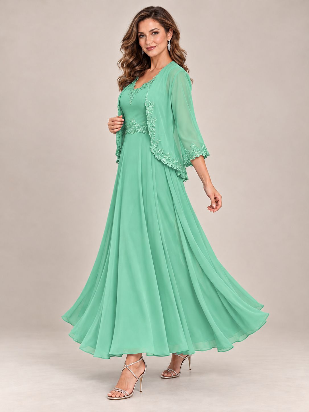 Dusty Blue Floral Lace Chiffon Mother of the Bride Dress with Jacket