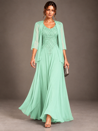 A-line 2 Pieces Chiffon Appliques Mother of The Bride Dresses with Jackets