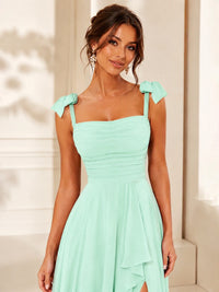 Ruffle Slit Chiffon A Line Scoop Neck Bridesmaid Dresses with Pockets