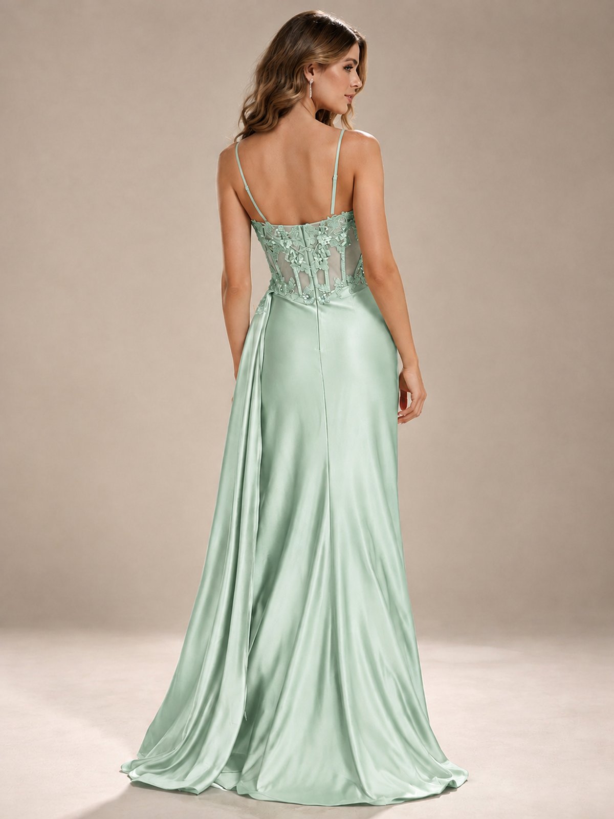 Mermaid Satin Prom Dress with Floral Appliqué Corset and High Slit