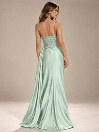 Mermaid Satin Prom Dress with Floral Appliqué Corset and High Slit