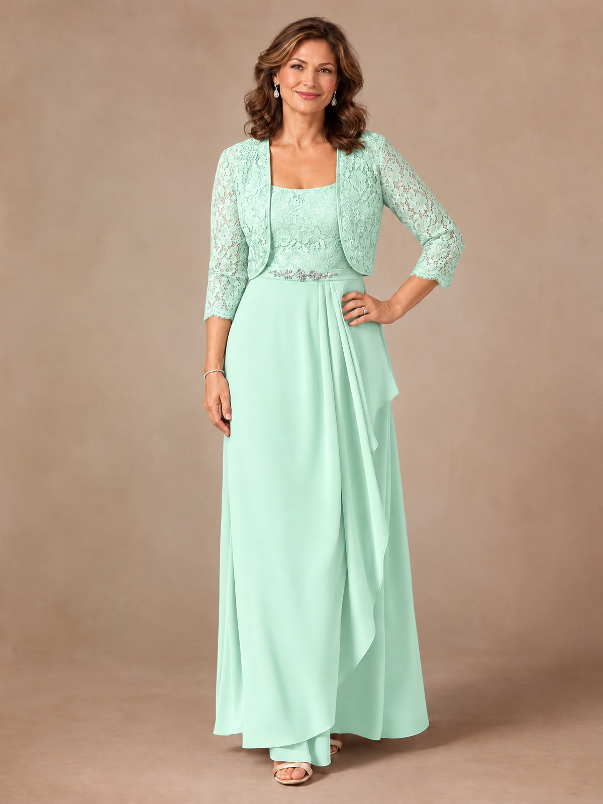 Blush Pink A-Line Mother of the Bride Dress with Lace Jacket and Ruffles