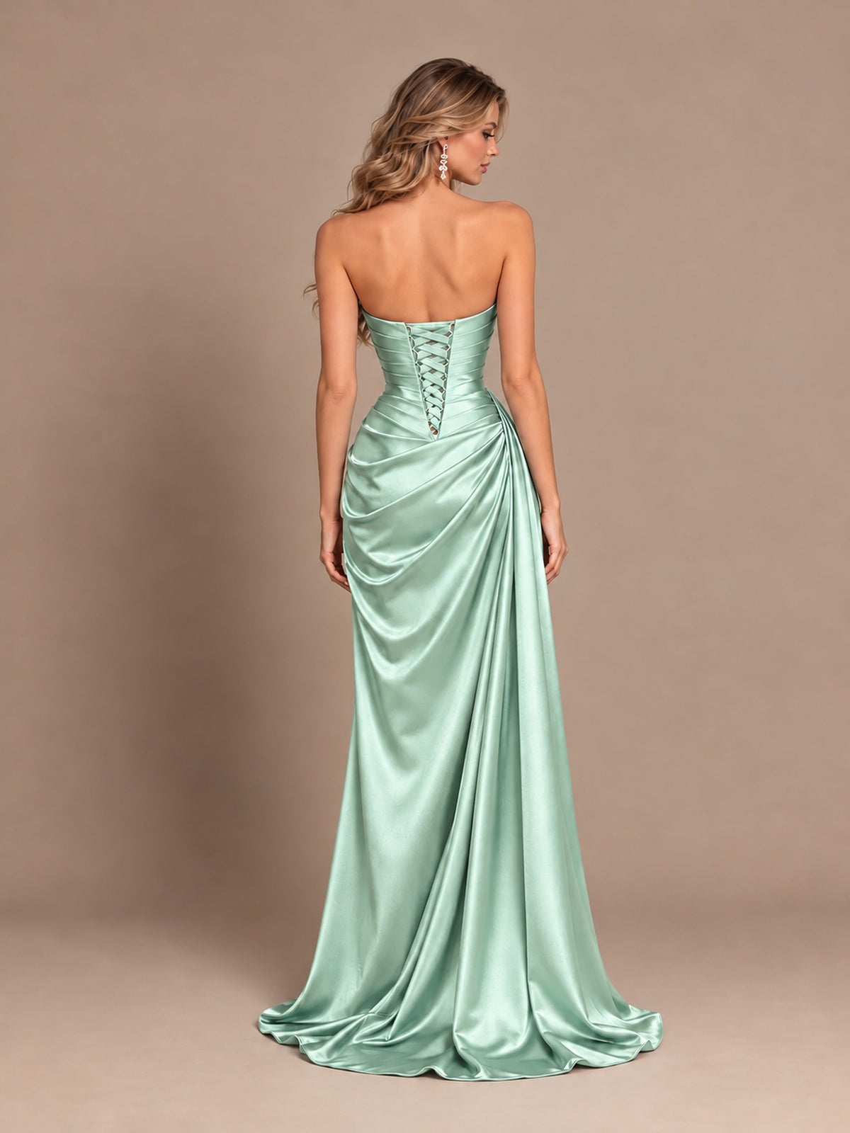 Dusty Blue Strapless Satin Prom Dress with Ruched Bodice and Slit