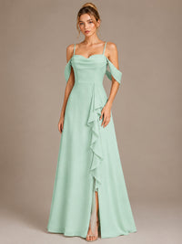 Spaghetti Strap Chiffon Bridesmaid Dress with Ruffles Slit