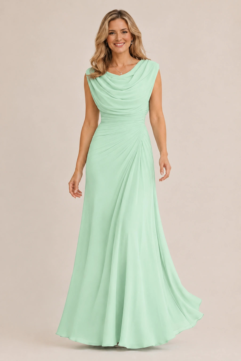 Cowl Neck Ruched Chiffon Mother of the Bride Dress
