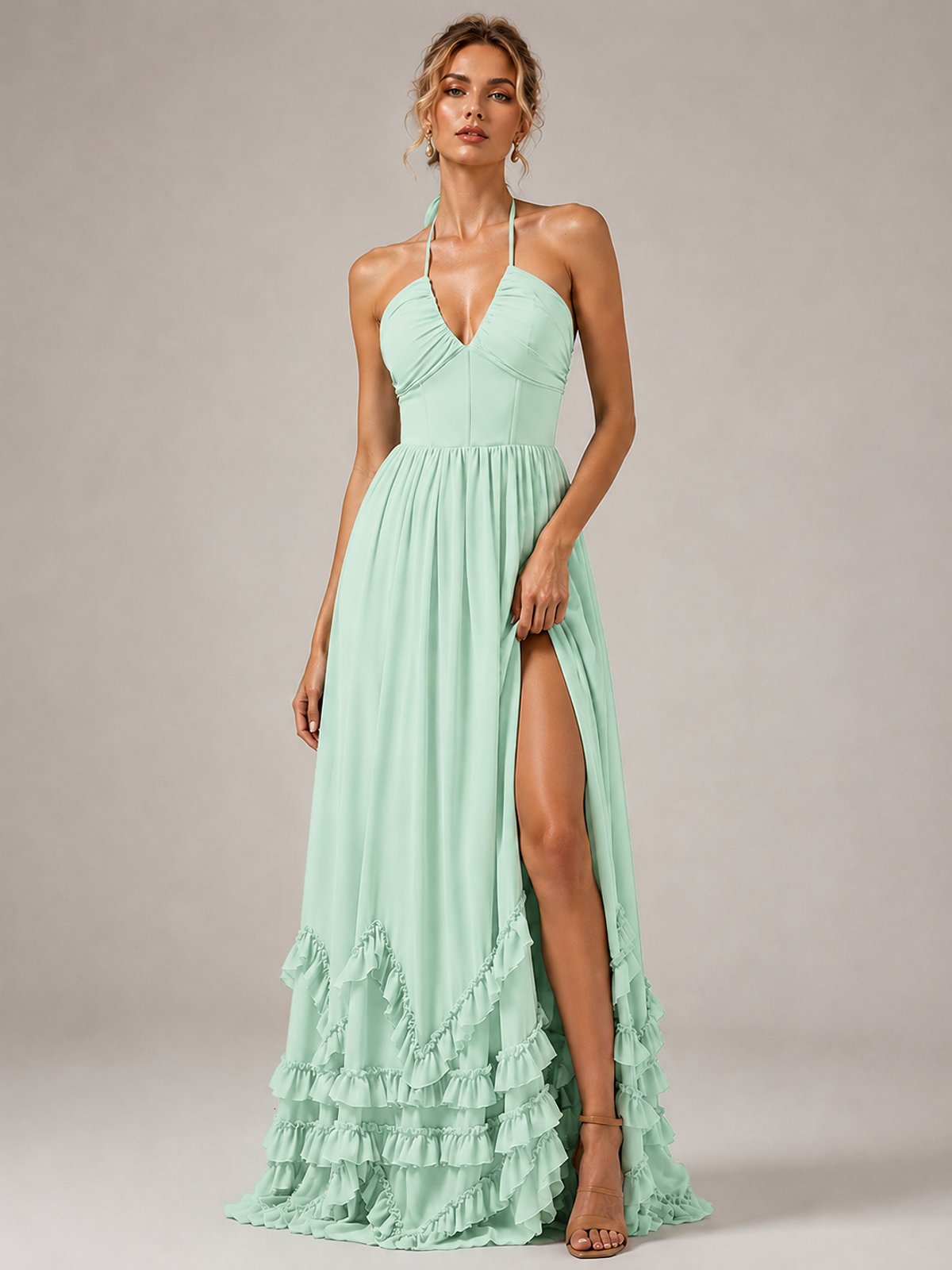 Halter V Neck Chiffon Formal Dress with Lace-Up Back and Ruffle Hem