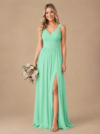 Pleated Chiffon V Neck Wedding Bridesmaid Dresses Floor Length with Slit