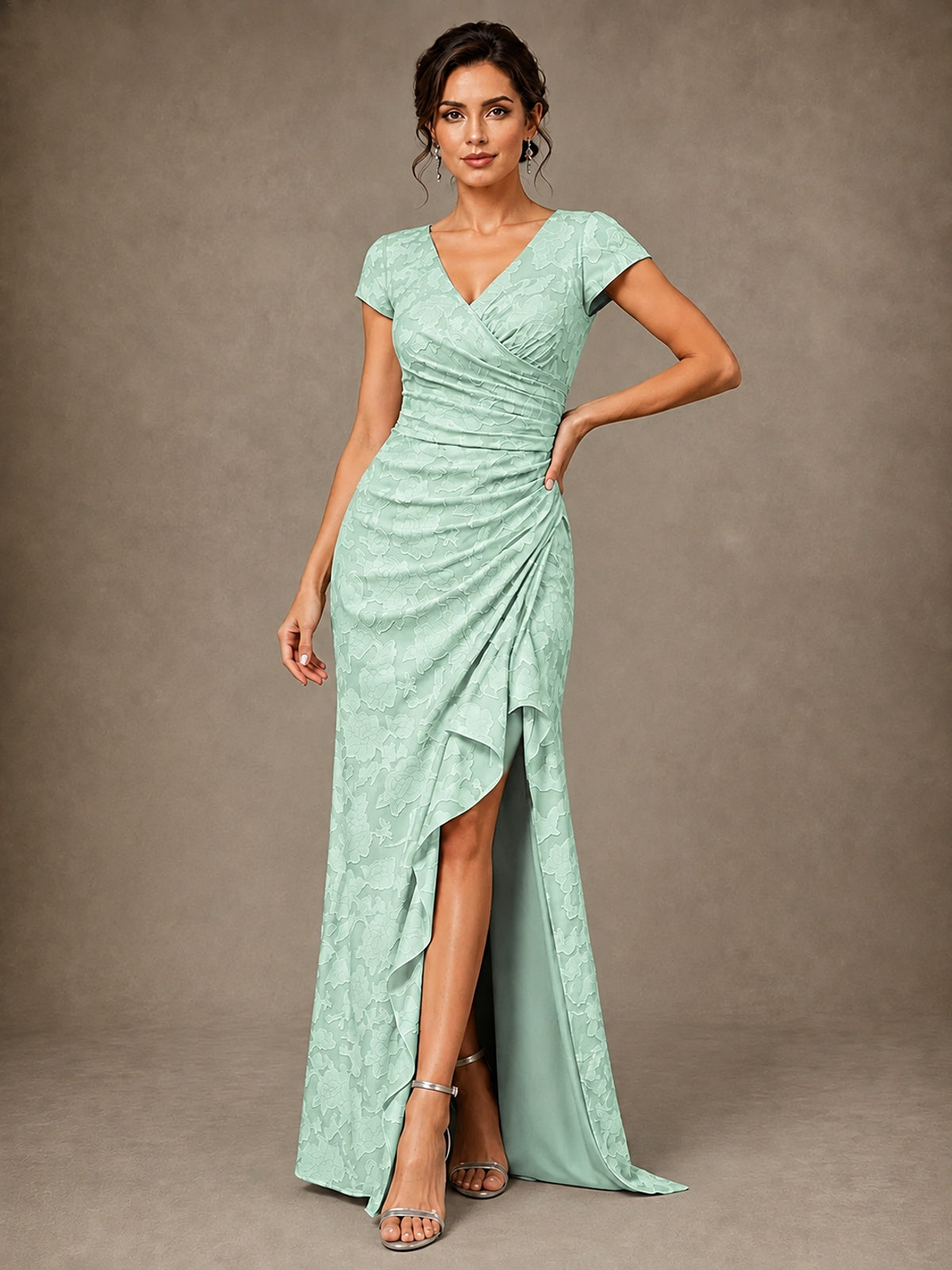 V-Neck Floral Jacquard Mother of the Bride Dress with Slit