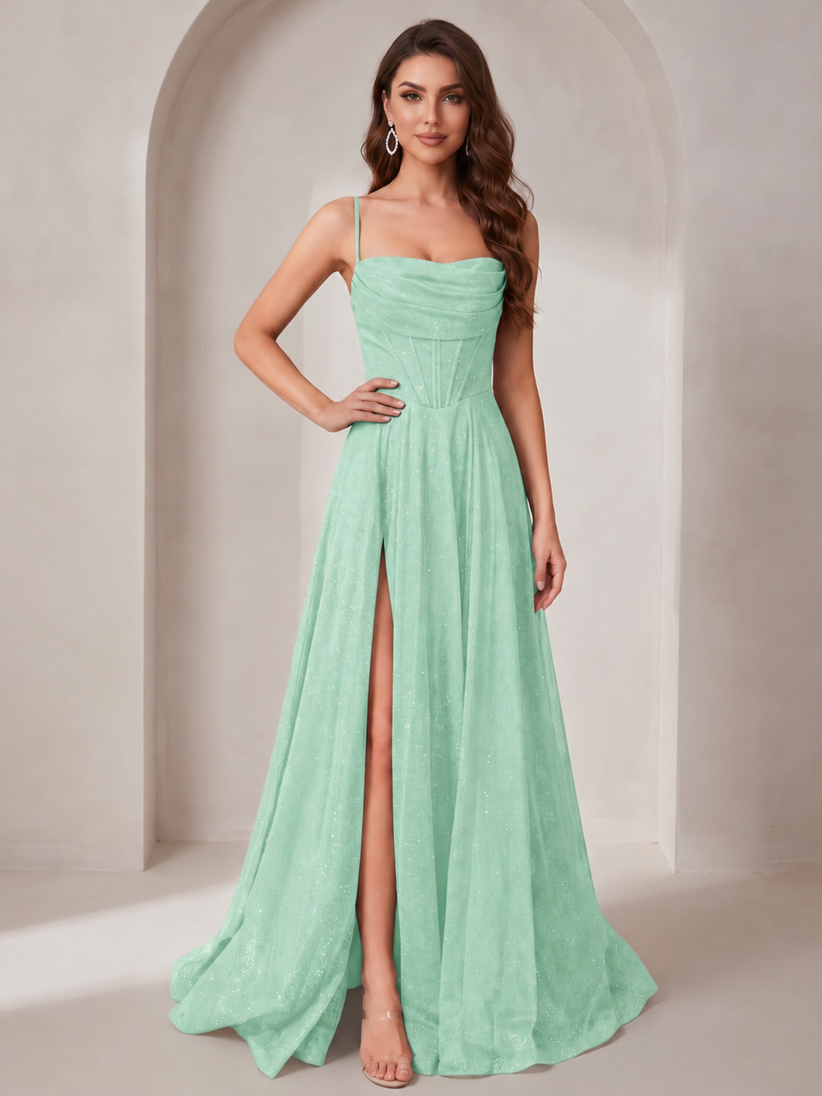 Mint Green Sparkly Cowl Neck Corset Long Prom Dress with Slit A-line Tulle Ball Gown Formal Evning Party Dress