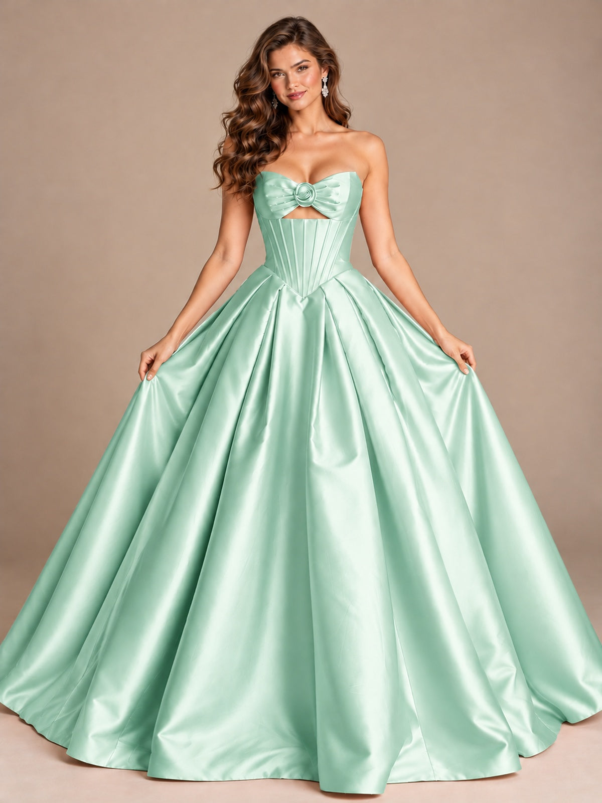 Pink Strapless Corset Satin Prom Derss & Ball Gown with 3D Floral