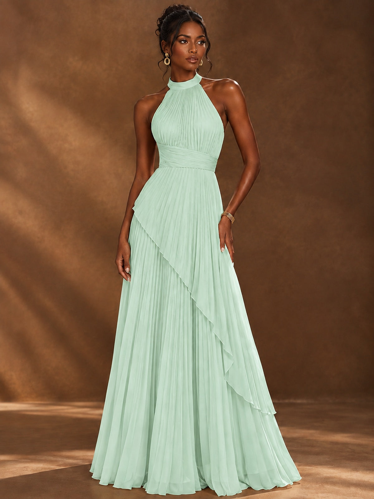 Wrap Pleated Prom Dress Halter A-line Chiffon Formal Wedding Dress