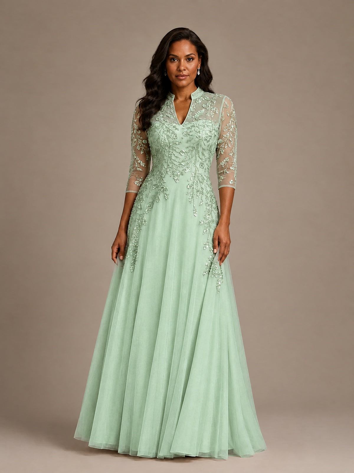 Embellished Appliques Mother of the Bride Dress with 3/4 Sleeves