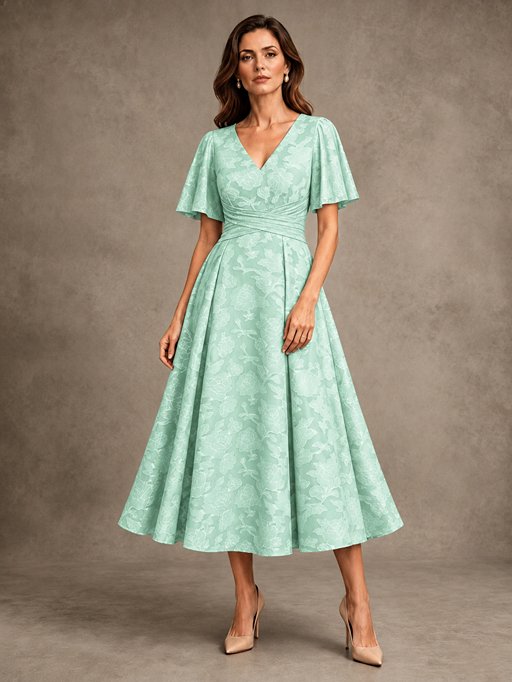 V-Neck Floral Jacquard Tea-Length Mother of the Bride Dress