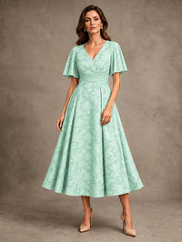 V-Neck Floral Jacquard Tea-Length Mother of the Bride Dress
