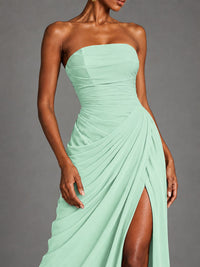 Strapless Bodycon Pleated Chiffon Formal Dress with Slit