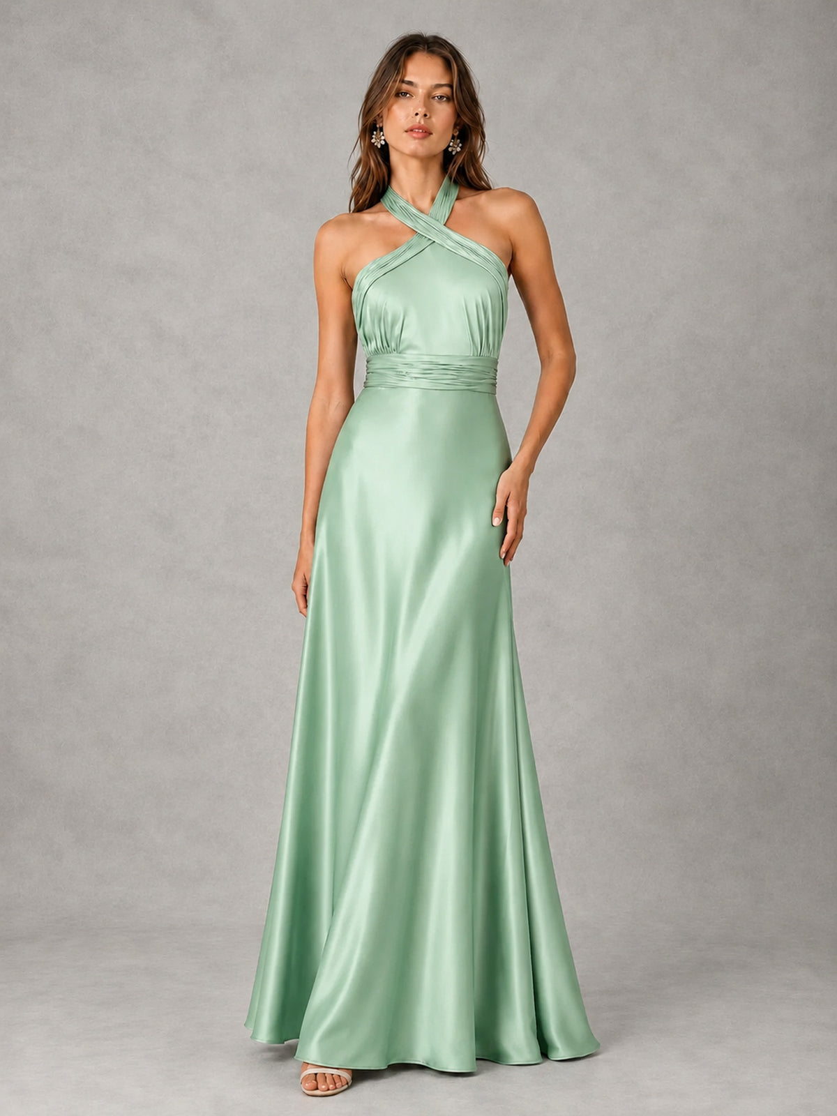 Sage Green Satin A-Line Bridesmaid Dress with Halter Neck
