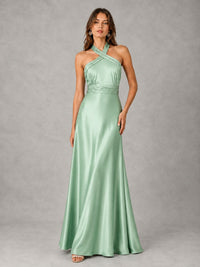 Sage Green Satin A-Line Bridesmaid Dress with Halter Neck